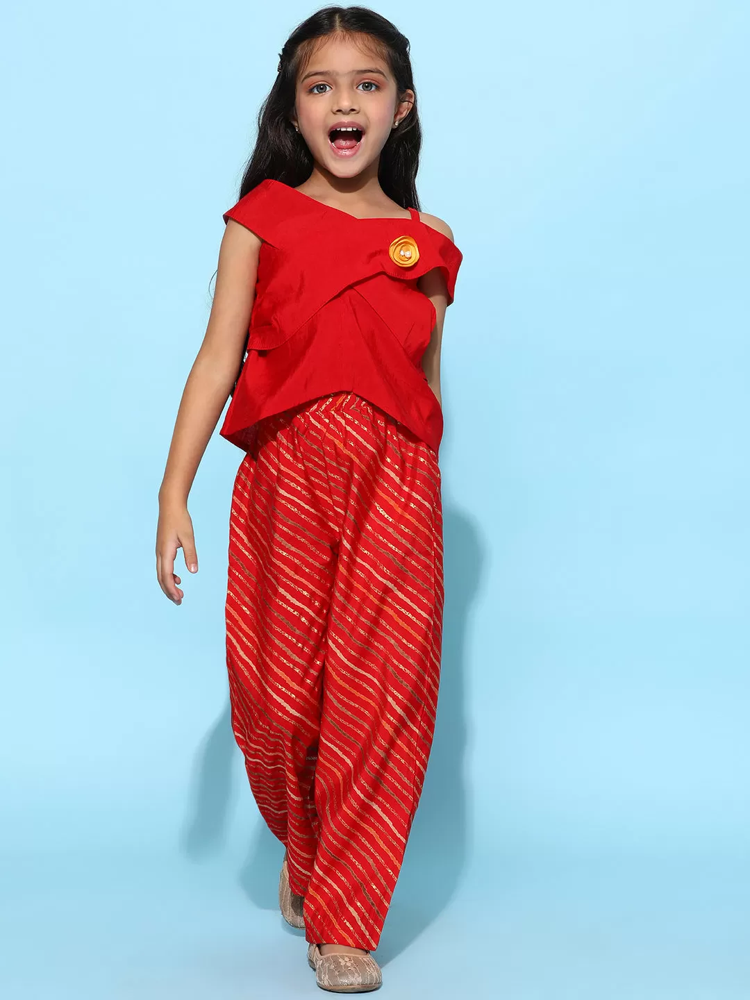 Girls Red Rayon Striped Top With Palazzo